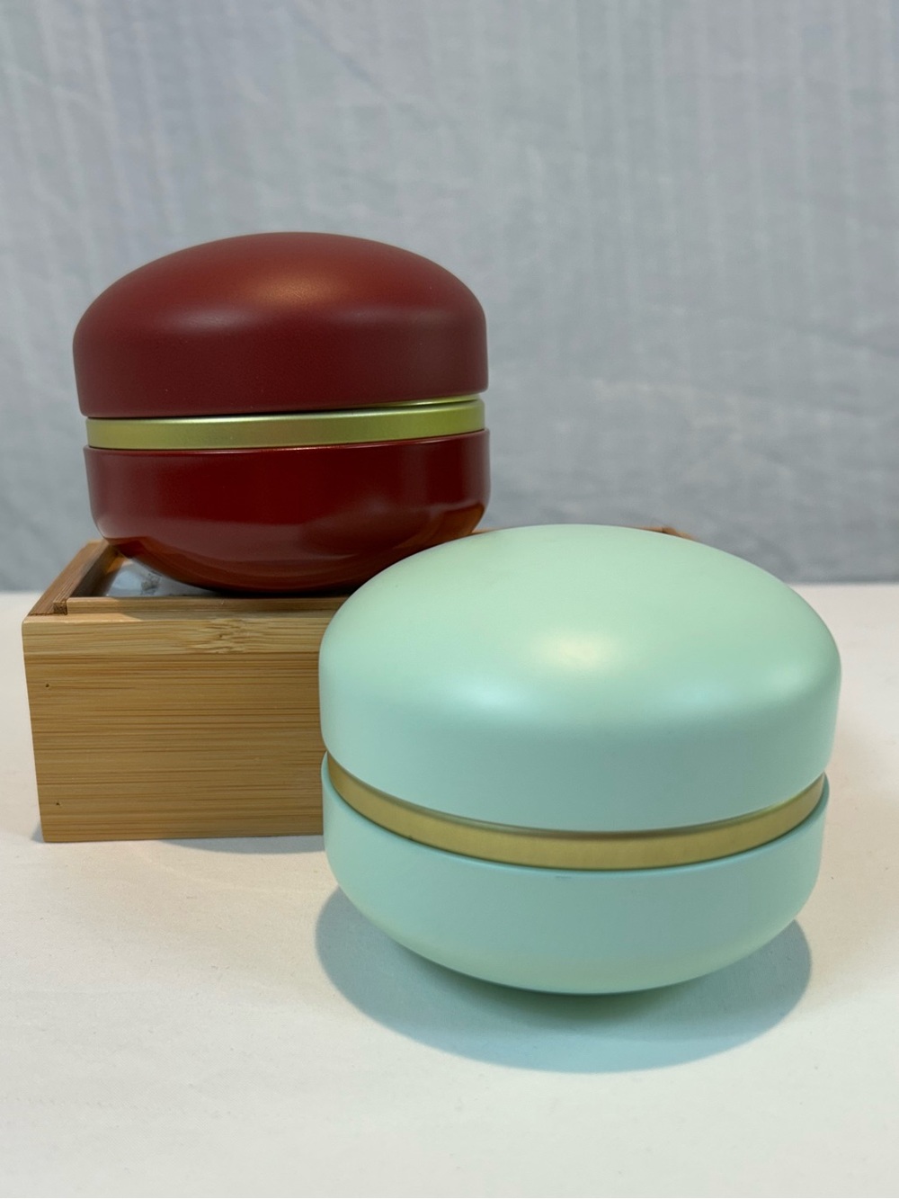 Teavana Rare Macaron Tea Tins (2 oz) Airtight Metal Storage Canisters Mint & Red